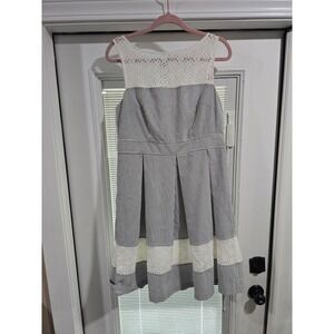 Navy White Seersucker Lace Fit & Flare Dress Sleeveless Striped Party Dress